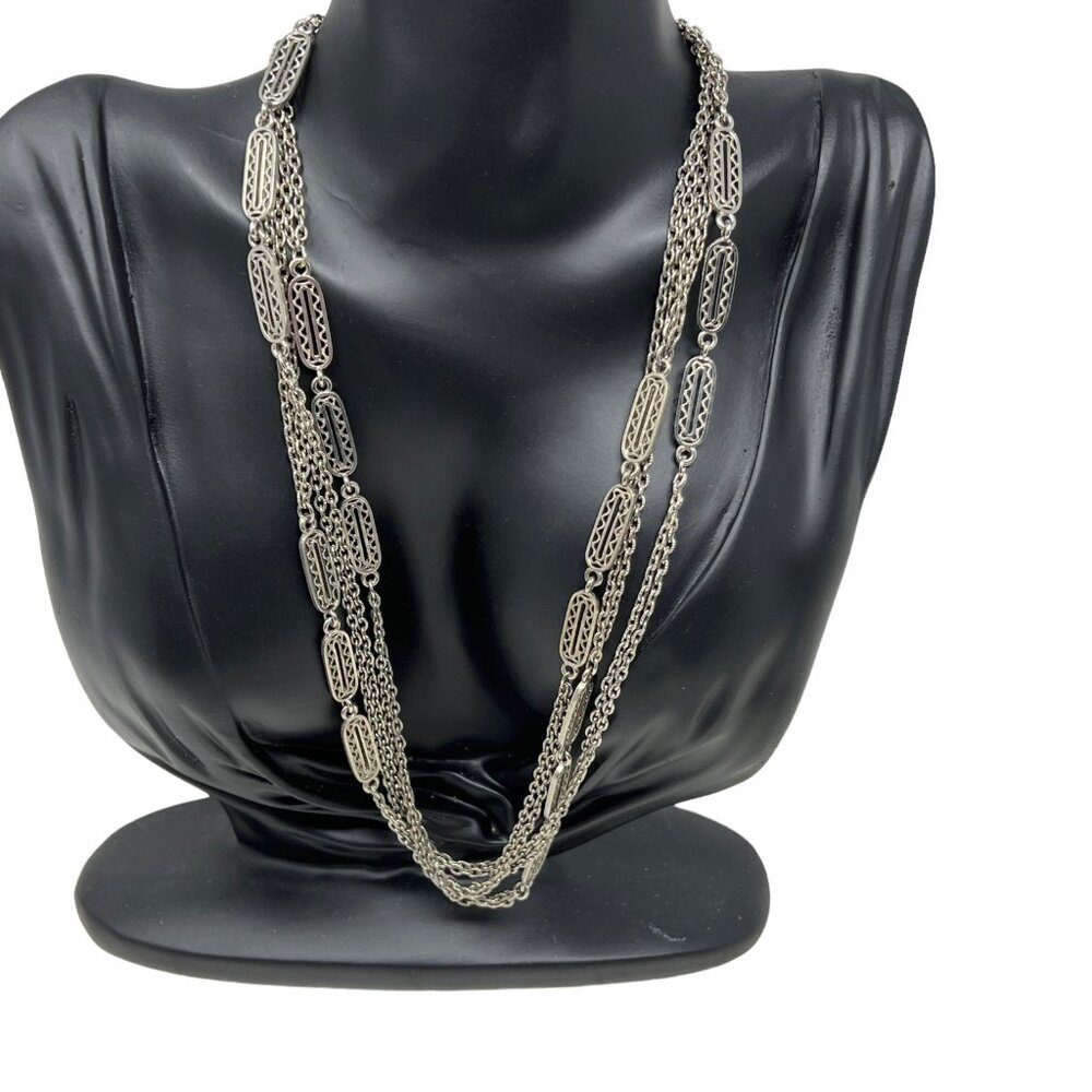 Vintage Silver Chain Oval Embellished Stations 58 inch Necklace